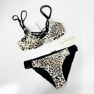 NWT TiniBikini Reversible Leopard Bikini Cream Black Strappy Beach Vacay Size XS